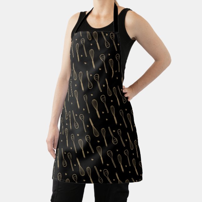 Black & Gold Baking Whisk & Heart Spoon Pattern Apron (Insitu)