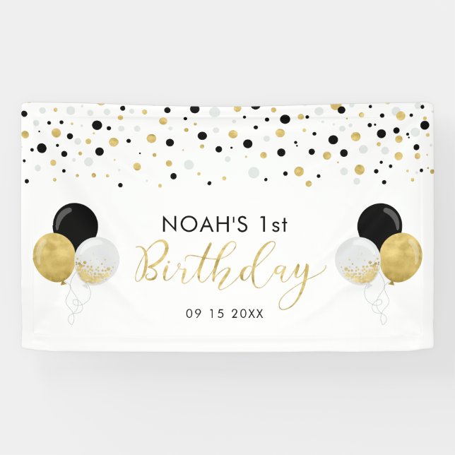Black & Gold Balloon 1st Kids Birthday Banner (Horizontal)