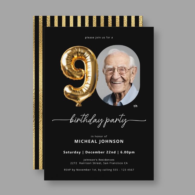 Black Gold Balloon 90th Birthday Invitation (Black Gold Balloon 90th Birthday Invitation)