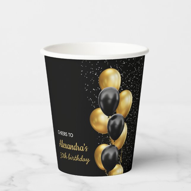 Black Gold Balloon Chic Cheers To Birthday Paper Cups (Front)
