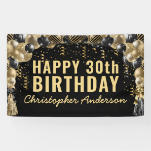 Black Gold Balloon Confetti Happy Birthday Party Banner