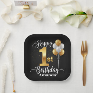 Black Gold Balloons 1st Birthday Paper Plate