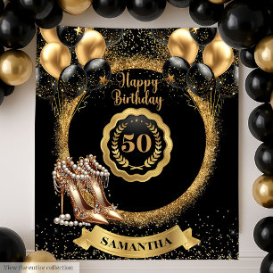 Black Gold Balloons 50th Birthday Backdrop Tapestry