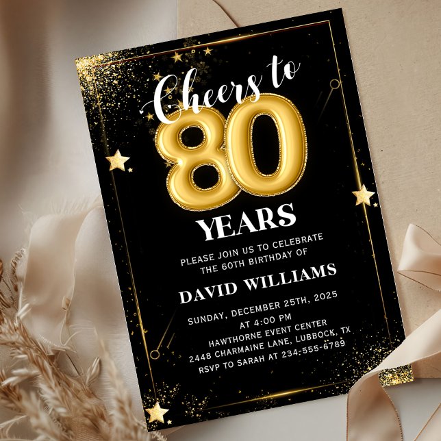 Black Gold Balloons 80th Birthday Party Invitation (Creator Uploaded)