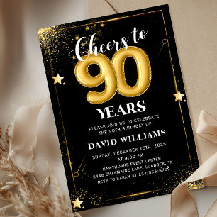 Black Gold Balloons 90th Birthday Party Invitation