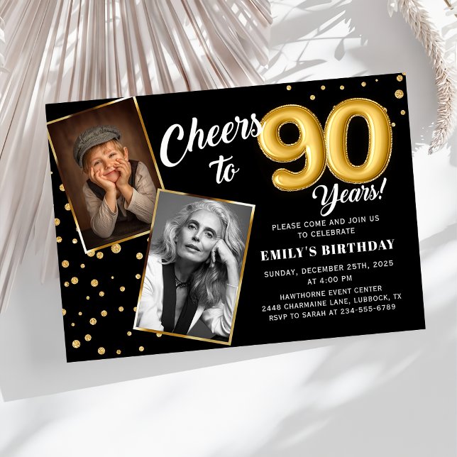 Black Gold Balloons 90th Birthday Photo Invitation (Creator Uploaded)