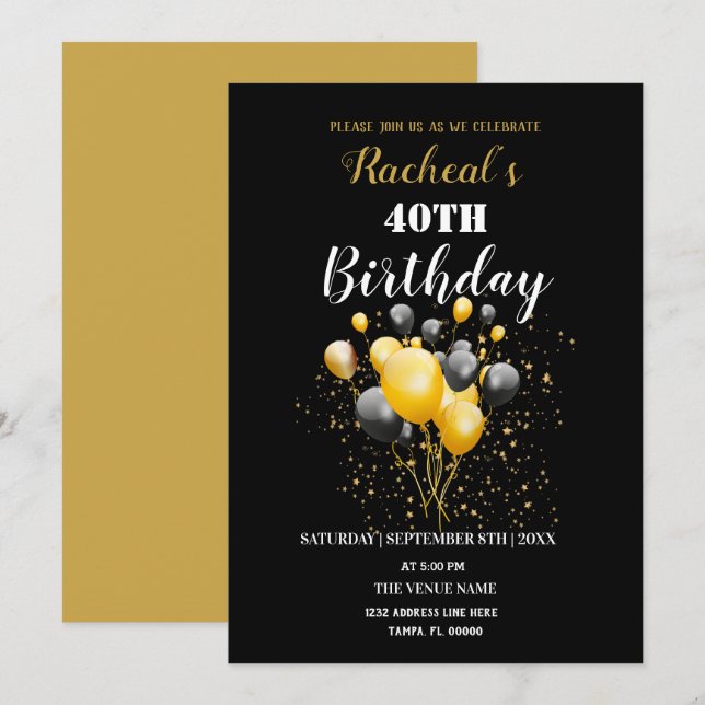 Black & Gold Balloons | Birthday Invitation (Front/Back)