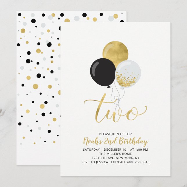 Black & Gold Balloons Boy 2nd Birthday Party Invitation (Front/Back)