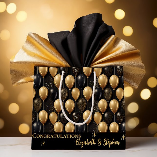 Black | Gold Balloons Congratulations Names Large Gift Bag (Elegant Black and Gold Faux Glitter Balloons Pattern A023 "Congratulations" [Name(s)] Large Gift Bag)