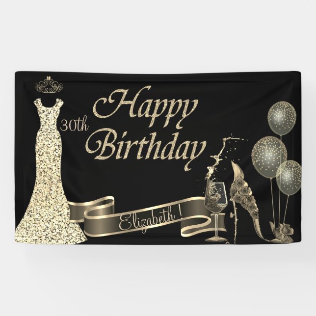Black,Gold Balloons,Glass,Heel,Glitter Dress Banner (Horizontal)