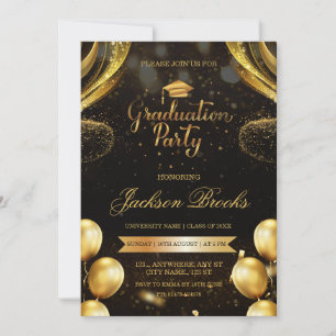 Black & Gold Balloons Graduation Party Invitation