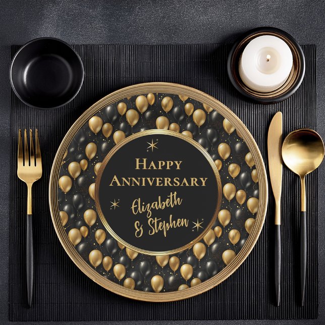 Black | Gold Balloons Happy Anniversary  Paper Plate (Elegant Black and Gold Faux Glitter Balloons Pattern A022 "Happy Anniversary" [Names] Paper Plates)