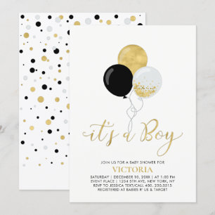 Black & Gold Balloons   It's a Boy Baby Shower Invitation