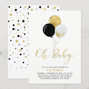 Black & Gold Balloons   Oh Baby Boy Baby Shower Invitation