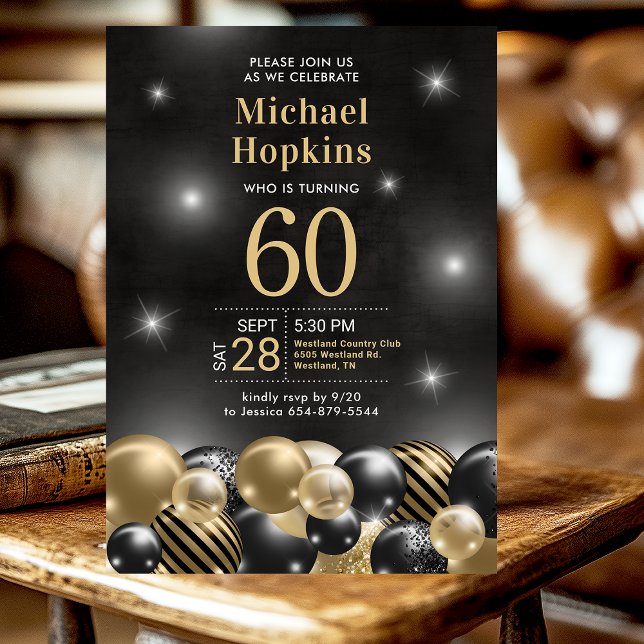 Black Gold Balloons Photo 60th Birthday Party Invitation (Creator Uploaded)