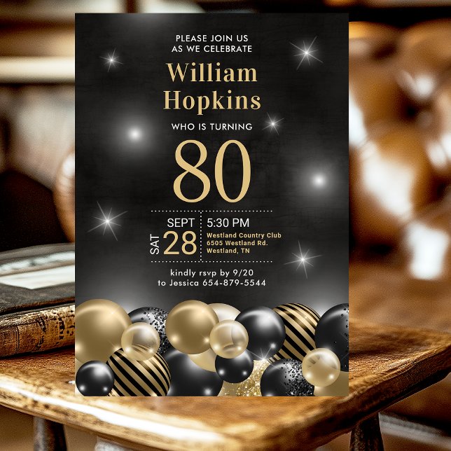 Black Gold Balloons Photo 80th Birthday Party Invitation (Creator Uploaded)