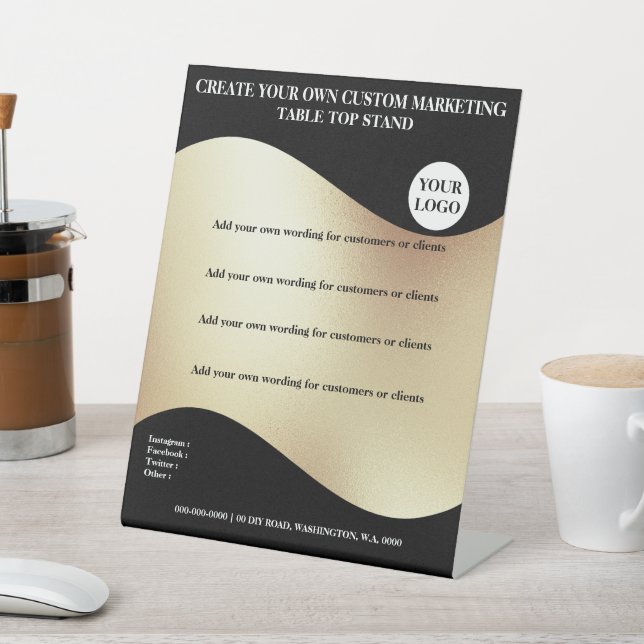 Black gold banner with logo desktop office 8x10 pedestal sign (In SItu)