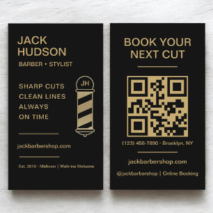 Black Gold Barbershop Barber Haircut QR Code Business Card