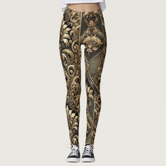 Black & Gold Baroque Luxe Leggings (Front)