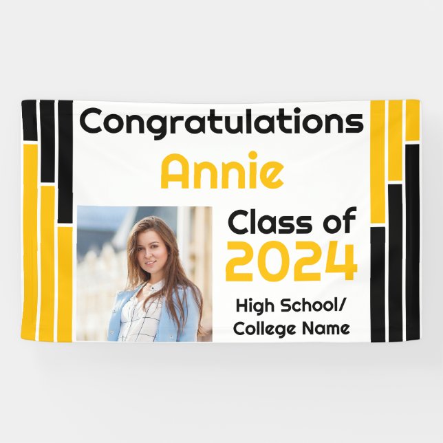 Black & Gold Bars One Photo Graduation Banner (Horizontal)