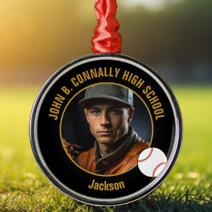 Black Gold Baseball Player Photo Christmas Metal Tree Decoration
