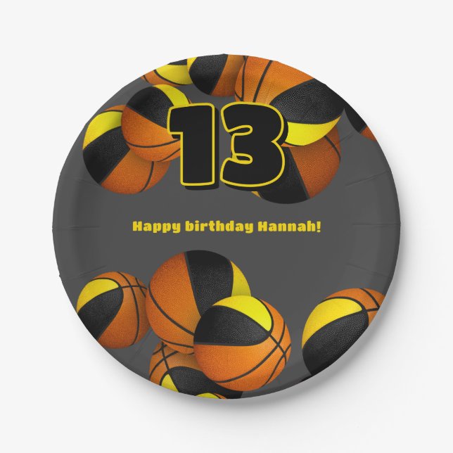 black gold basketballs girls boys sports party paper plate (Front)