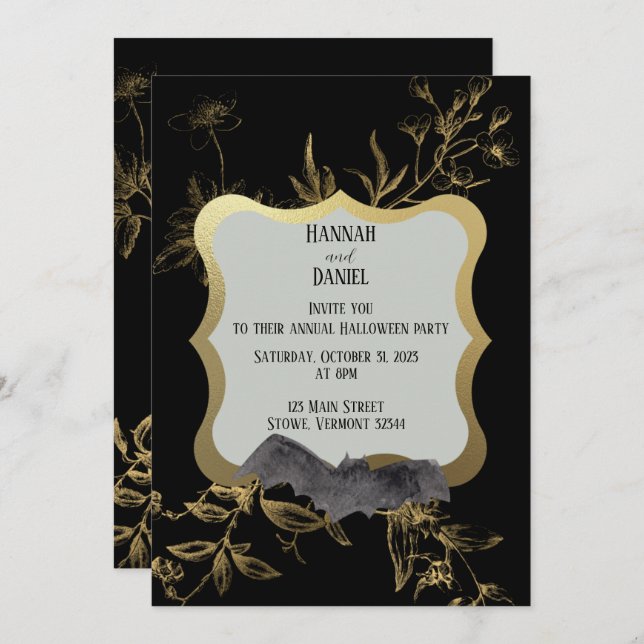 Black & Gold  Bat Elegant Halloween Party Invitation (Front/Back)