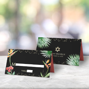 Black Gold Bat Mitzvah Tropical Floral Watercolor Place Card