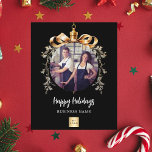 Black gold bauble business photo Christmas card<br><div class="desc">Please note that flyer paper is very thin. Envelopes are not included. For thicker Holiday cards (same design) please visit our store. Celebrate the season with our sophisticated black-background Christmas cards, designed especially for businesses. Personalise with your company’s photo and logo framed within a golden Christmas tree bauble for a...</div>