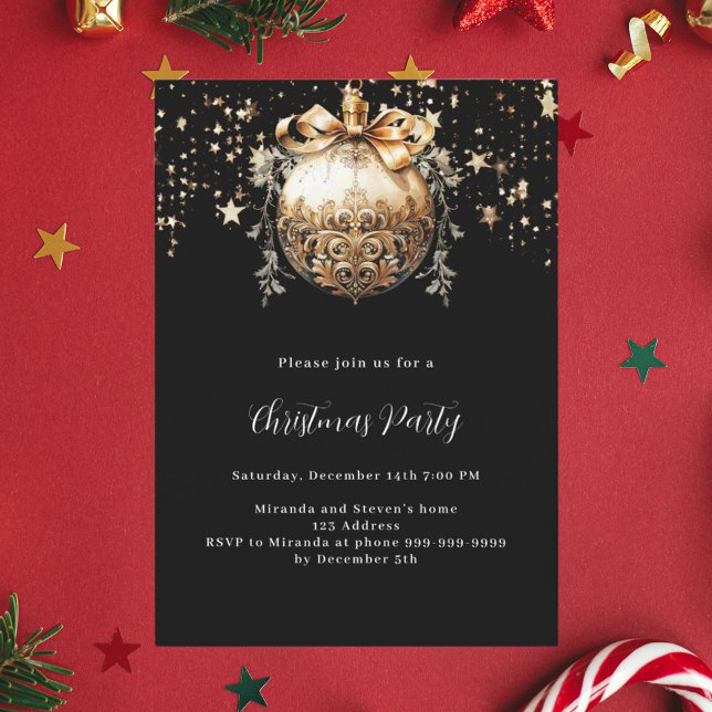 Black gold bauble vintage stars Christmas Party Invitation (Creator Uploaded)