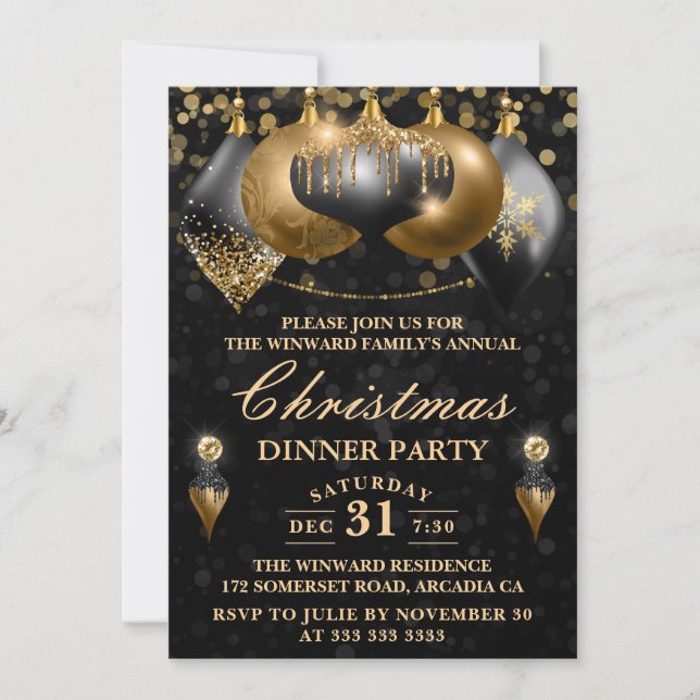 Black & Gold Baubles Christmas Dinner Party Invitation (Front)