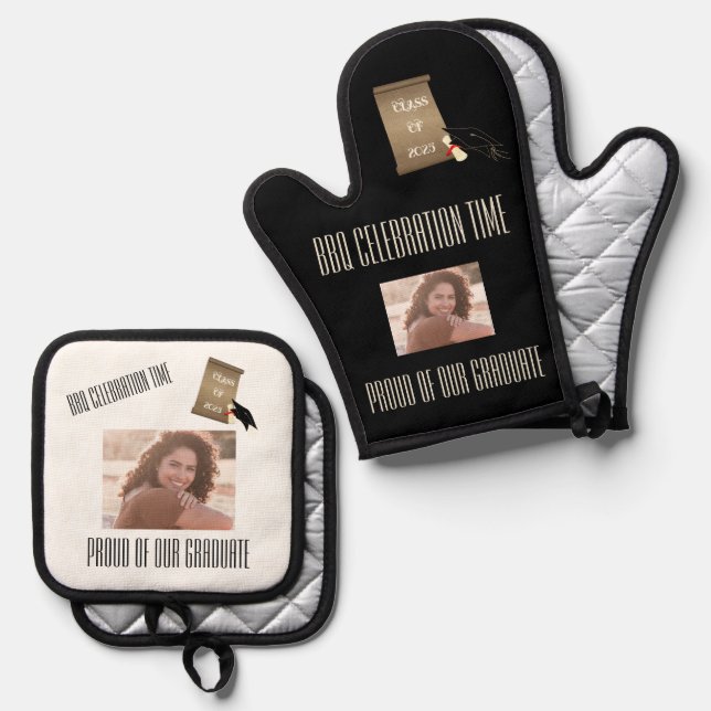 Black Gold BBQ Celebration Graduation Announcement Oven Mitt & Pot Holder Set (Front/Back)
