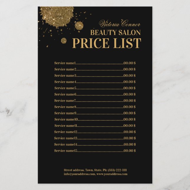 Black & Gold Beauty Salon New Price List Flyer (Front)