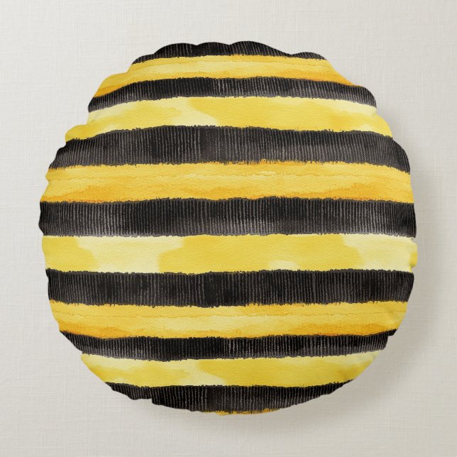 Black Gold Bee Stripes Butter Yellow Plaid Round Cushion (Front)