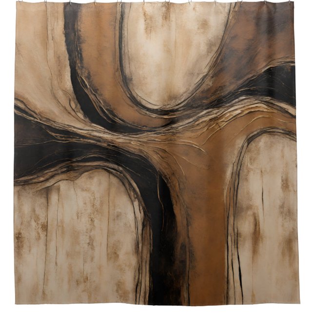 Black Gold Beige Abstract Floral Shower Curtain (Front)