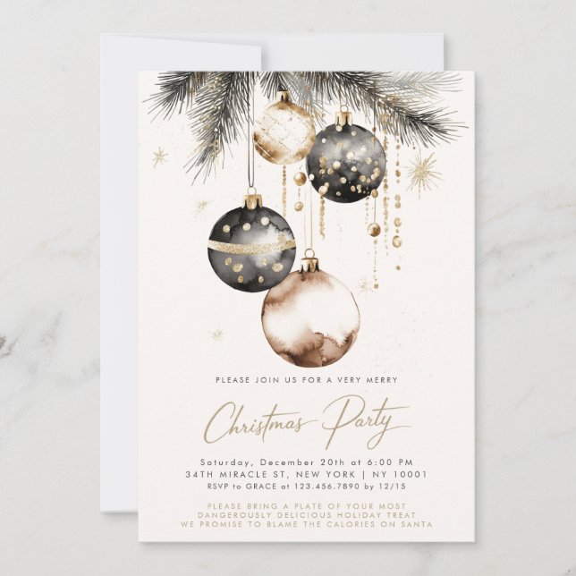 Black Gold Beige Ornaments Baubles Christmas Party Invitation (Front)