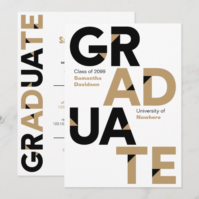 Black & Gold Big Bold Angle-Cut Letters Graduation Invitation (Front/Back)