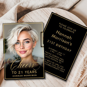 Black & Gold Birthday Cheers to 21 Years Photo Invitation