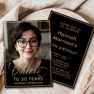 Black & Gold Birthday Cheers to 30 Years Photo Invitation