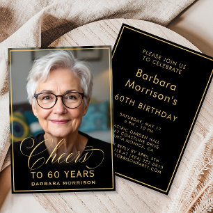 Black & Gold Birthday Cheers to 60 Years Photo Invitation