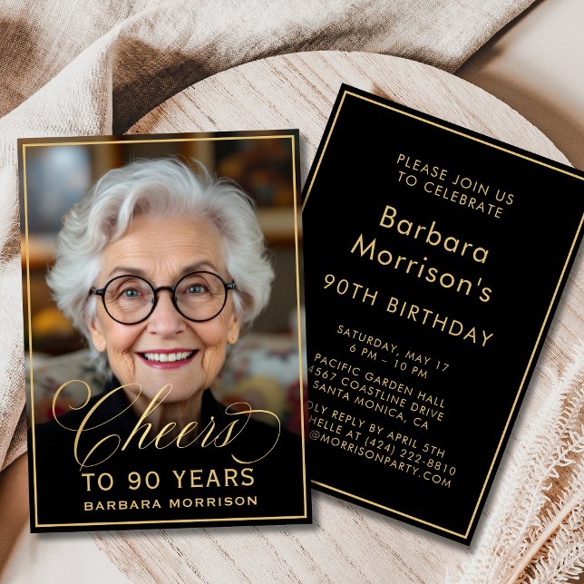 Black & Gold Birthday Cheers to 90 Years Photo Invitation (Creator Uploaded)