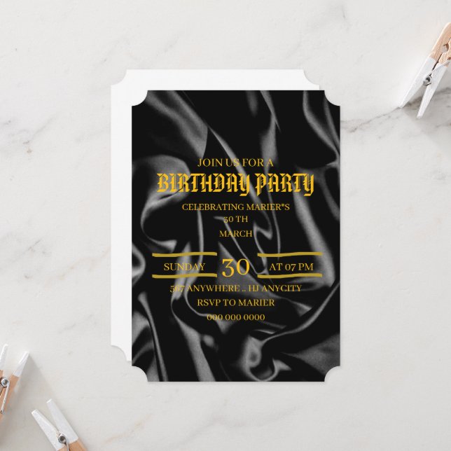 Black & Gold Birthday Invitation, 30th Birthday Ev Invitation (Front/Back In Situ)