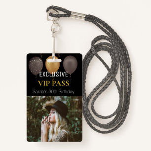 Black Gold Birthday Party Photo Custom Pass VIP ID Badge
