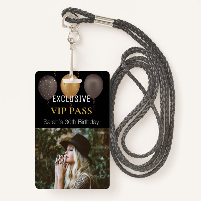 Black Gold Birthday Party Photo Custom Pass VIP ID Badge (Front with Lanyard)