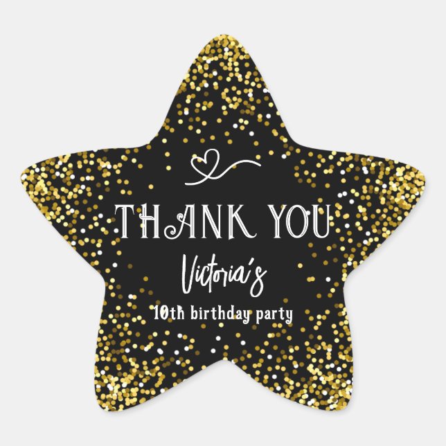 Black Gold Birthday Party Thank You Star Sticker (Front)
