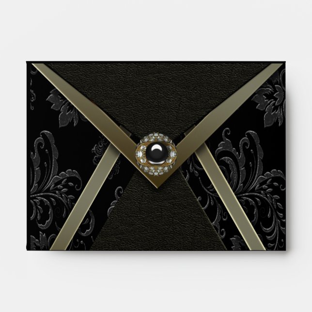 Black Gold Black Damask Invitation Envelope (Front)