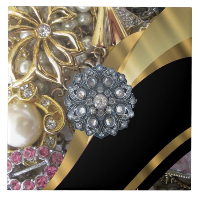 Black & gold bling ceramic tile (Front)
