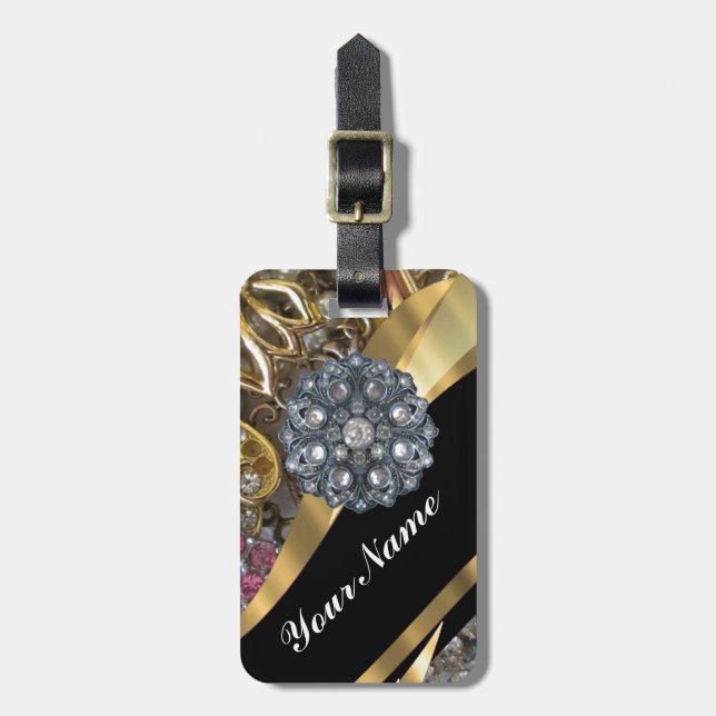 Black & gold bling luggage tag (Front Vertical)