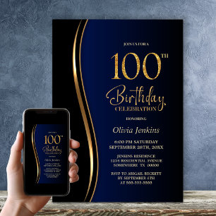 Black Gold Blue 100th Birthday Party Invitation