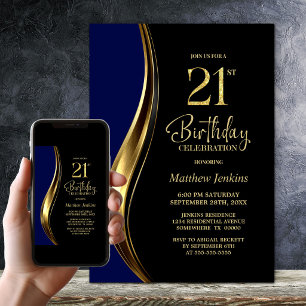 Black Gold Blue 21st Birthday Party Invitation